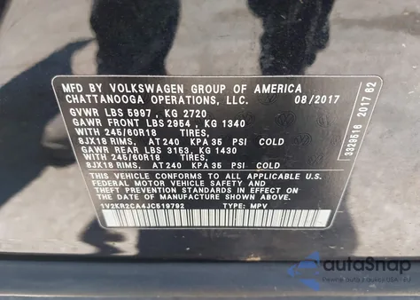 2018 Volkswagen Atlas 3.6L V6 Se из США, поврежденный, VIN 1V2KR2CA4JC519792